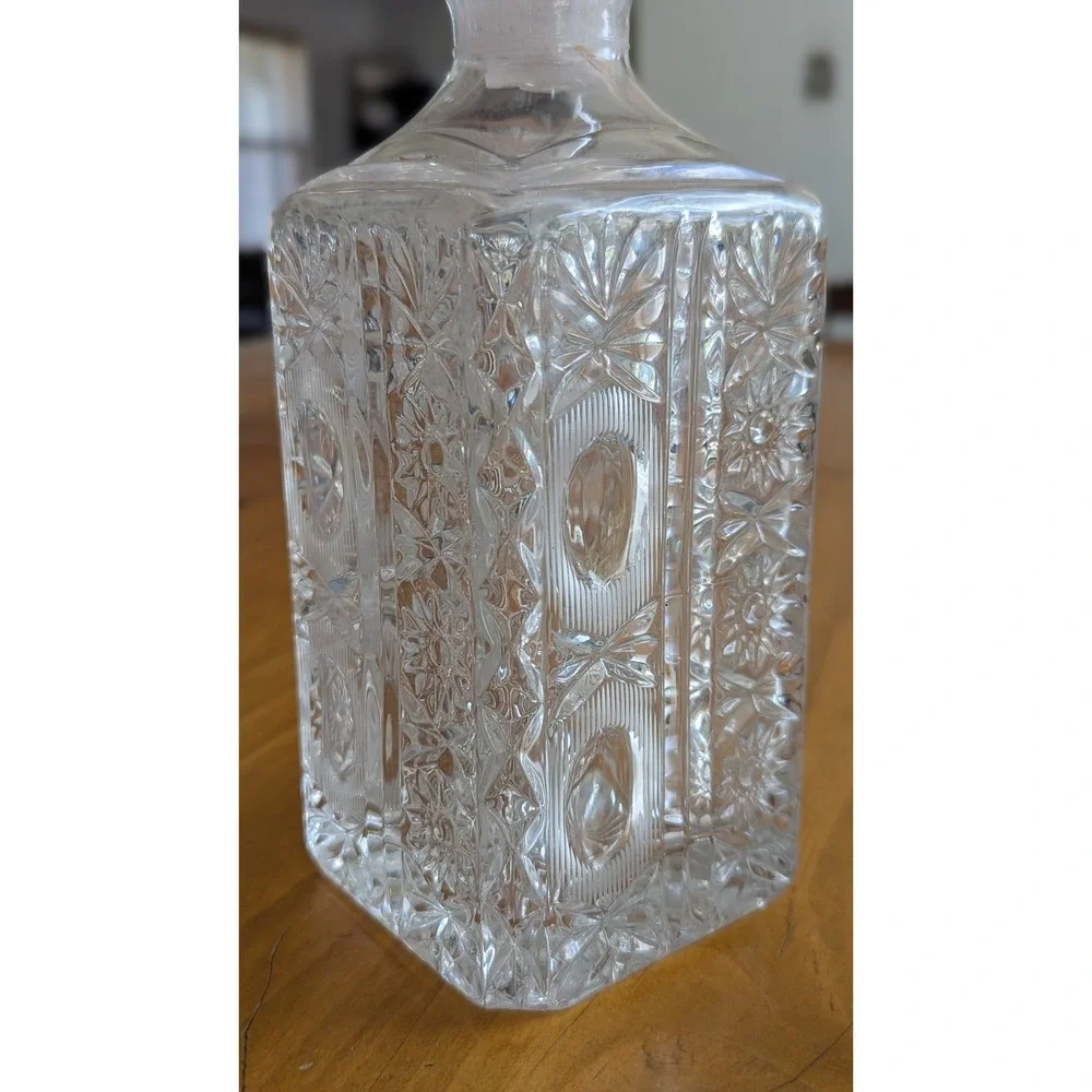Vintage Clear Cut Crystal Square Decanter with Ribbed Stopper Starburst Pattern